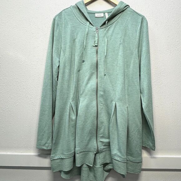 LOGO Lounge Pleated Green Hooded Zip Sweater Jacket Women's Sz L - Picture 1 of 6